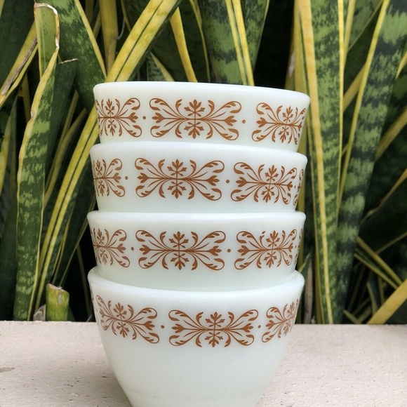 Pyrex Copper Filigree Brown Sugar Bowl Bouillon Cup Small Dish Set Of 4 Vintage - Picture 1 of 5